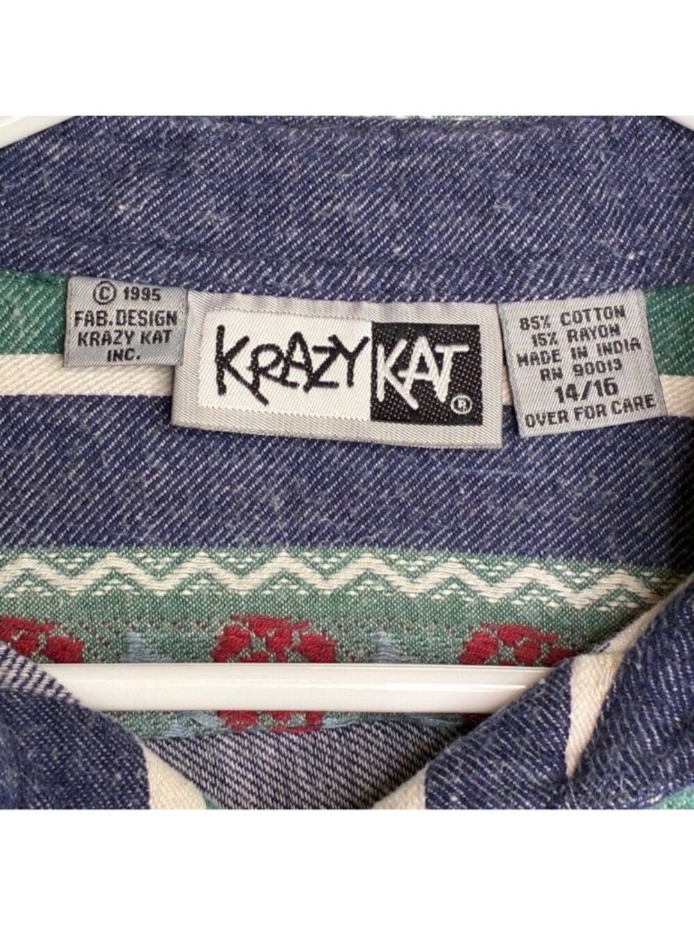 Krazy Kat Vintage 1995 Denim Shirt 14 16 L Rose Embroidered Striped Button Up - Picture 6 of 8